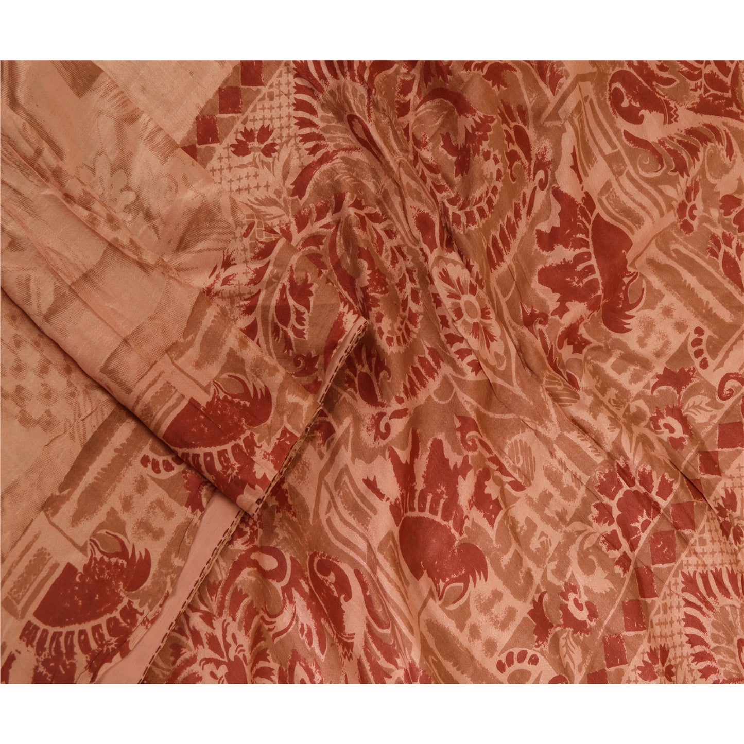Sanskriti Vintage Sarees Peach/Red Printed 100% Pure Silk Sari 5yd Craft Sustainable Fabric