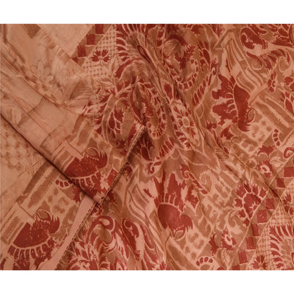 Sanskriti Vintage Sarees Peach/Red Printed 100% Pure Silk Sari 5yd Craft Sustainable Fabric
