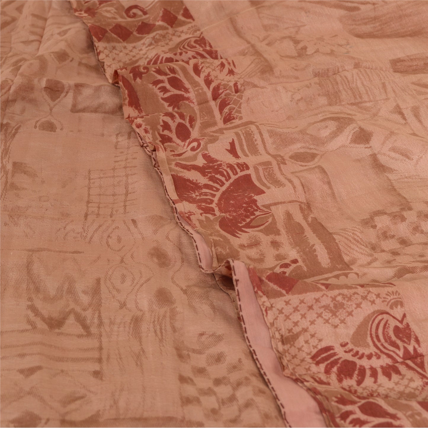 Sanskriti Vintage Sarees Peach/Red Printed 100% Pure Silk Sari 5yd Craft Sustainable Fabric