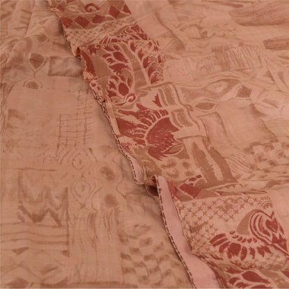 Sanskriti Vintage Sarees Peach/Red Printed 100% Pure Silk Sari 5yd Craft Sustainable Fabric