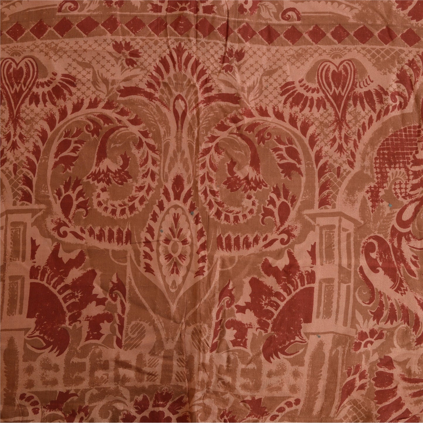 Sanskriti Vintage Sarees Peach/Red Printed 100% Pure Silk Sari 5yd Craft Sustainable Fabric