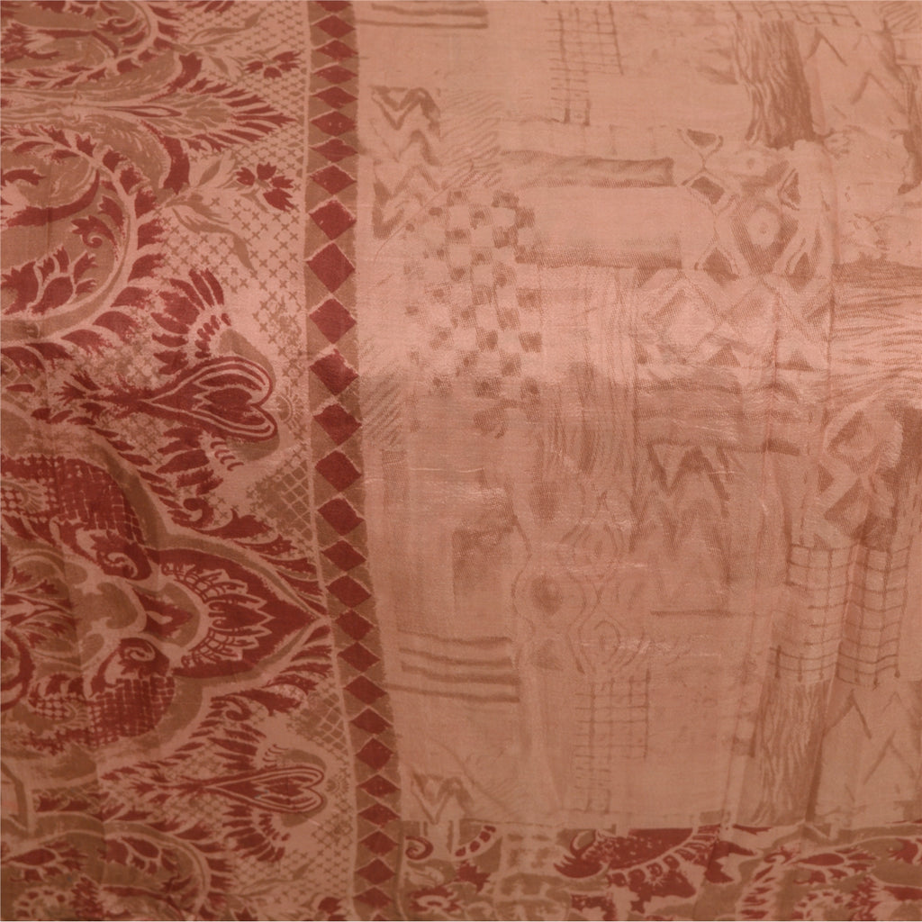 Sanskriti Vintage Sarees Peach/Red Printed 100% Pure Silk Sari 5yd Craft Sustainable Fabric