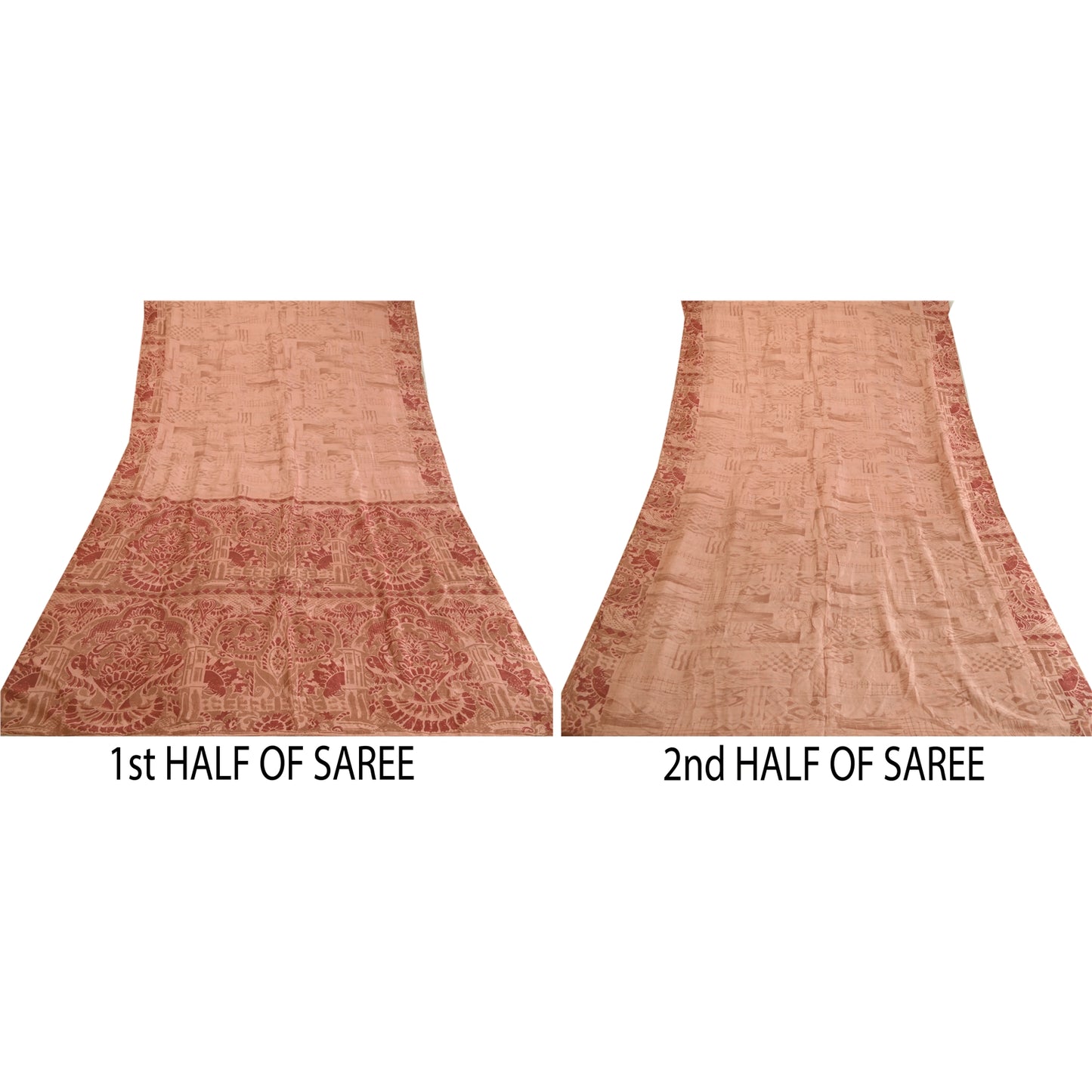 Sanskriti Vintage Sarees Peach/Red Printed 100% Pure Silk Sari 5yd Craft Sustainable Fabric