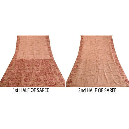 Sanskriti Vintage Sarees Peach/Red Printed 100% Pure Silk Sari 5yd Craft Sustainable Fabric