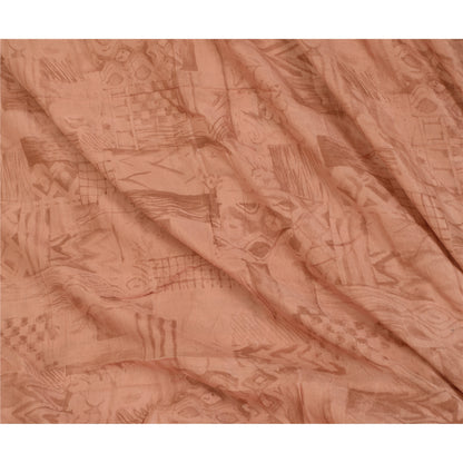 Sanskriti Vintage Sarees Peach/Red Printed 100% Pure Silk Sari 5yd Craft Sustainable Fabric