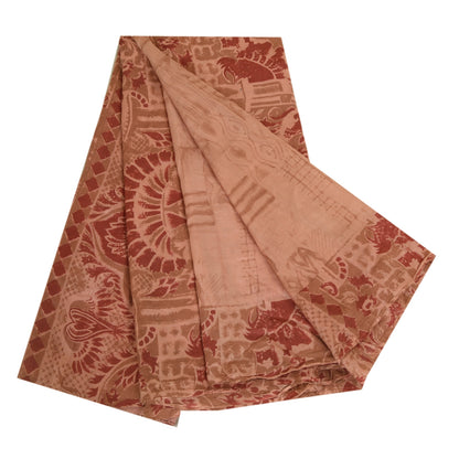 Sanskriti Vintage Sarees Peach/Red Printed 100% Pure Silk Sari 5yd Craft Sustainable Fabric