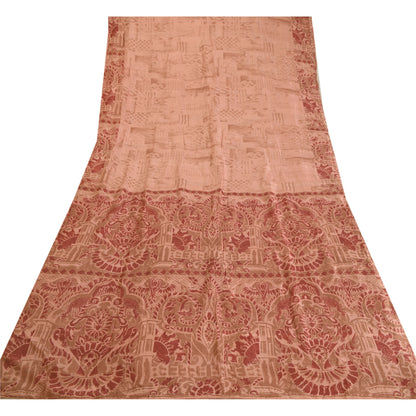 Sanskriti Vintage Sarees Peach/Red Printed 100% Pure Silk Sari 5yd Craft Sustainable Fabric