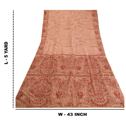 Sanskriti Vintage Sarees Peach/Red Printed 100% Pure Silk Sari 5yd Craft Sustainable Fabric
