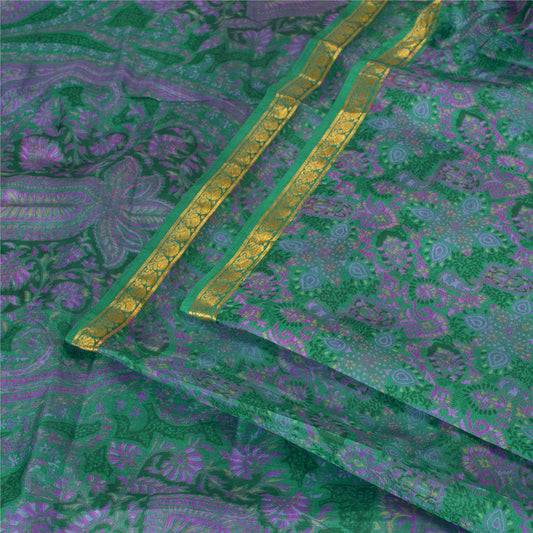 Sanskriti Vintage Sarees Green Zari Border Pure Silk Printed Sari Craft Sustainable Fabric