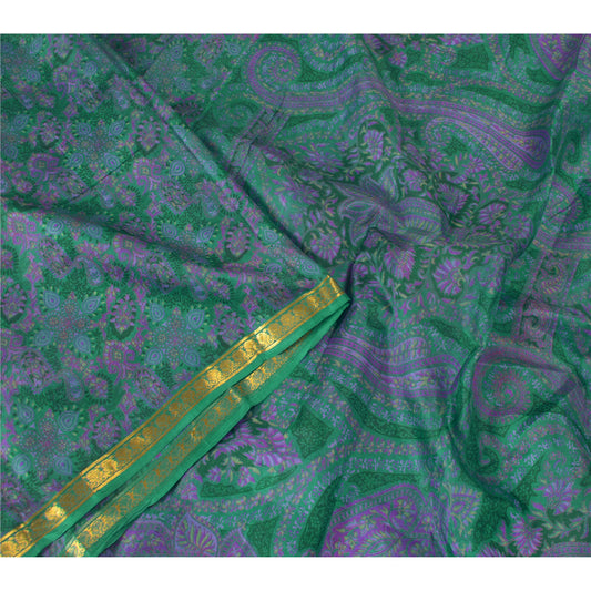 Sanskriti Vintage Sarees Green Zari Border Pure Silk Printed Sari Craft Sustainable Fabric