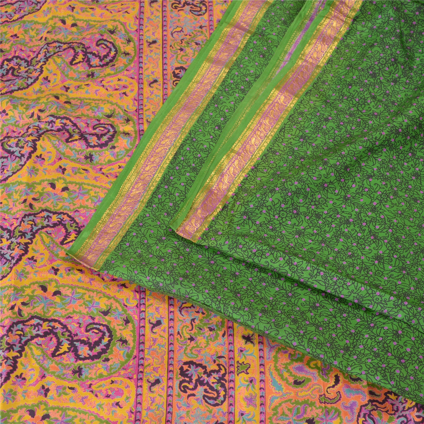 Сари Sanskriti Vintage Green Zari Border Printed Pure Silk Sari Craft Sustainable Fabric