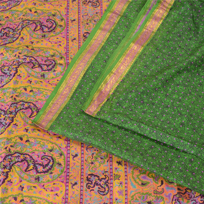 Сари Sanskriti Vintage Green Zari Border Printed Pure Silk Sari Craft Sustainable Fabric