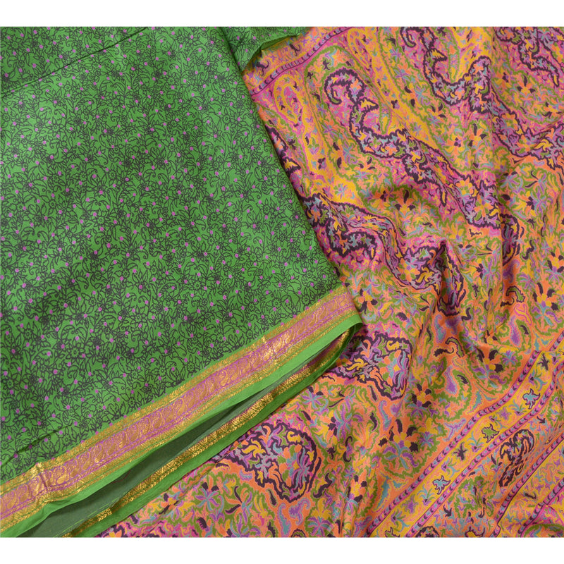 Sanskriti Vintage 100% Pure Silk Saree Fabric -Green Floral Print Saree with Zari Border - 5 Yd Upcycled Sarongs, Scarves, Stoles