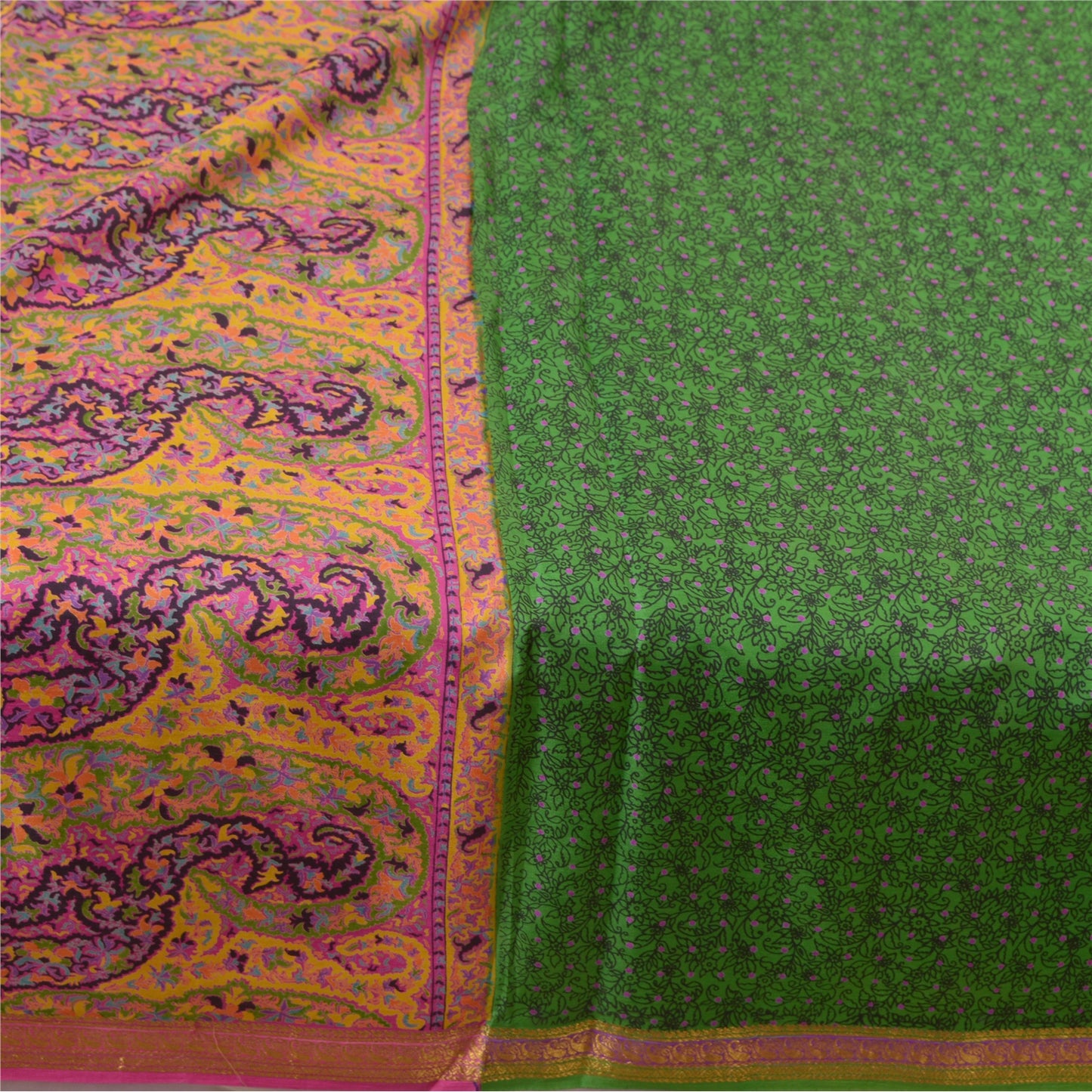 Сари Sanskriti Vintage Green Zari Border Printed Pure Silk Sari Craft Sustainable Fabric