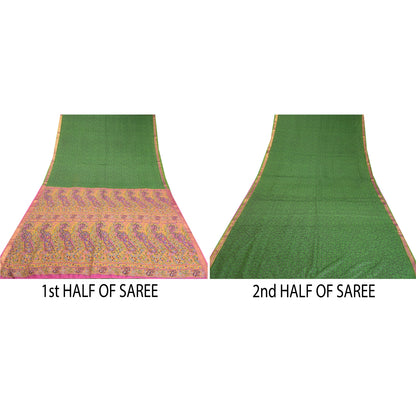 Сари Sanskriti Vintage Green Zari Border Printed Pure Silk Sari Craft Sustainable Fabric