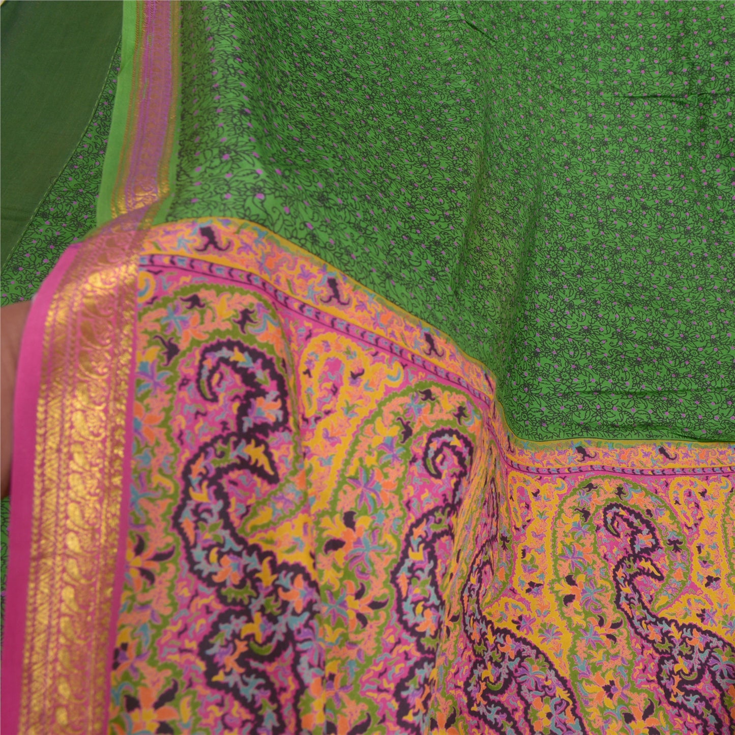 Сари Sanskriti Vintage Green Zari Border Printed Pure Silk Sari Craft Sustainable Fabric