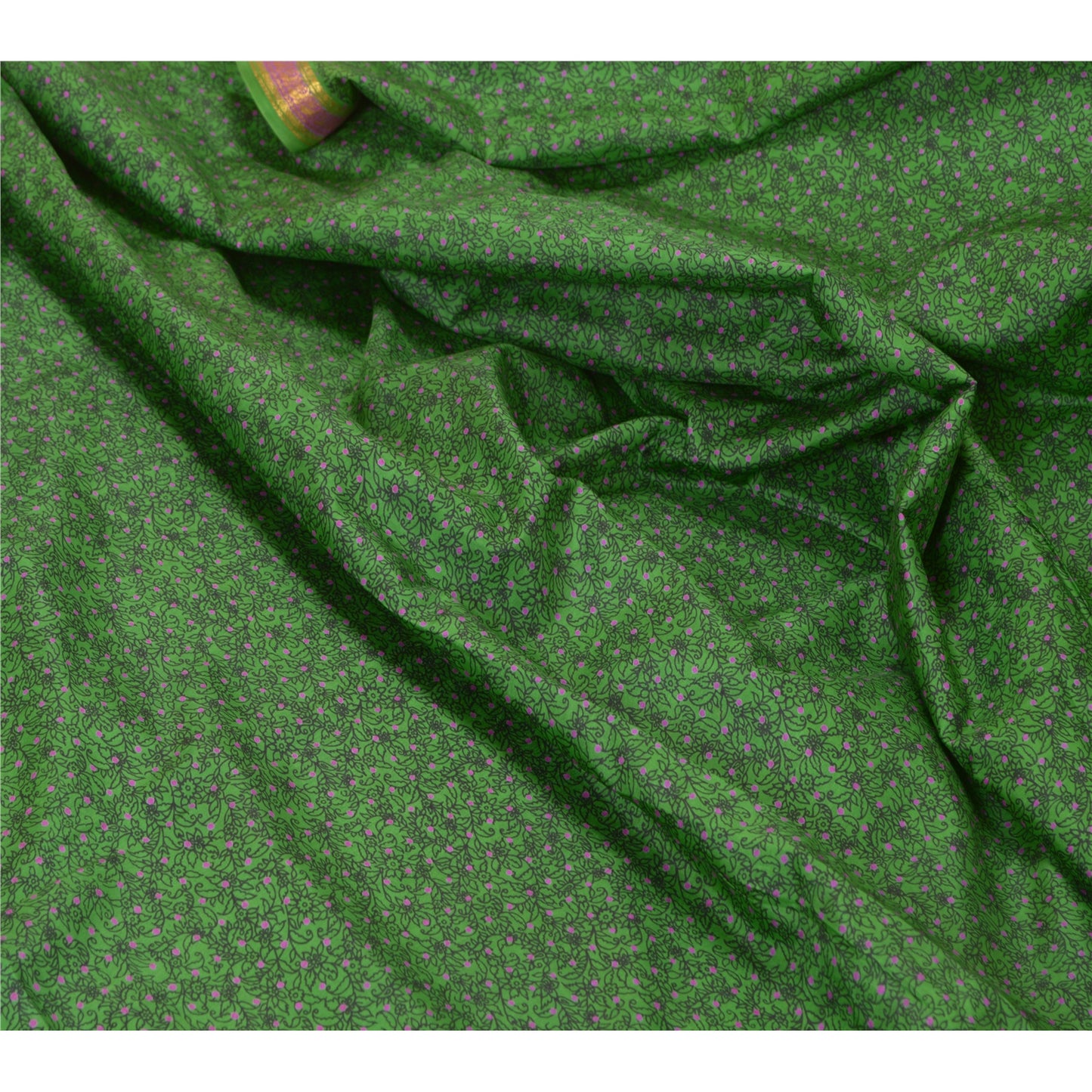 Сари Sanskriti Vintage Green Zari Border Printed Pure Silk Sari Craft Sustainable Fabric