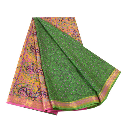 Сари Sanskriti Vintage Green Zari Border Printed Pure Silk Sari Craft Sustainable Fabric