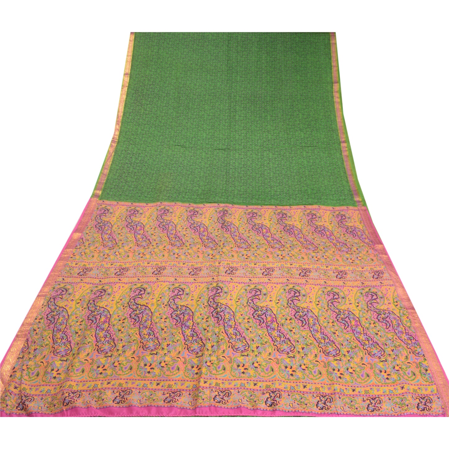 Сари Sanskriti Vintage Green Zari Border Printed Pure Silk Sari Craft Sustainable Fabric