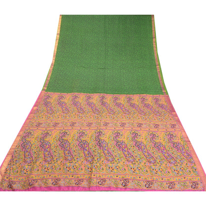 Сари Sanskriti Vintage Green Zari Border Printed Pure Silk Sari Craft Sustainable Fabric