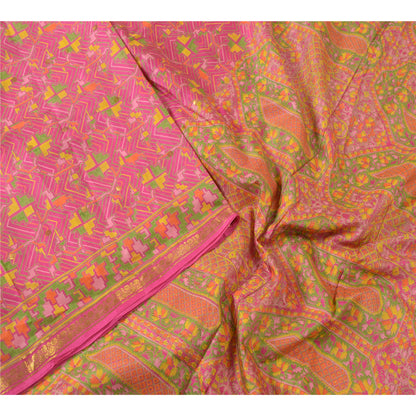 Sanskriti Vintage Sarees Pink Zari Border Printed Pure Silk Sari Craft Sustainable Fabric