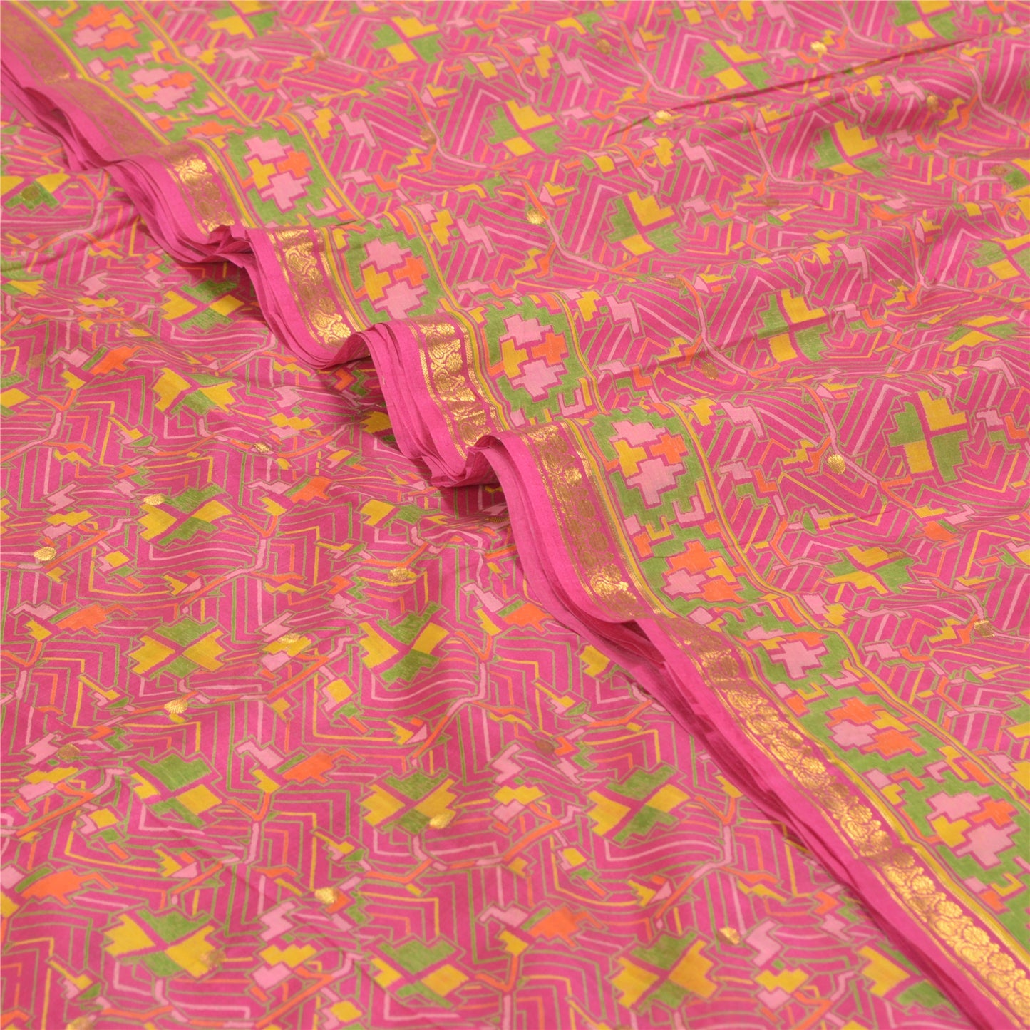 Sanskriti Vintage Sarees Pink Zari Border Printed Pure Silk Sari Craft Sustainable Fabric