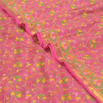 Sanskriti Vintage Sarees Pink Zari Border Printed Pure Silk Sari Craft Sustainable Fabric