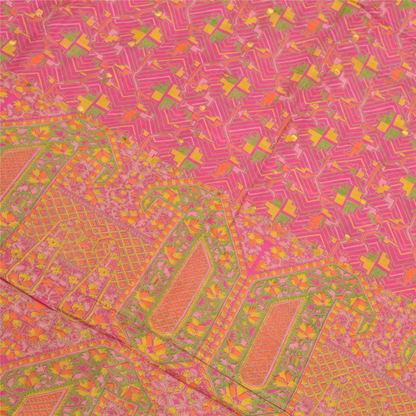 Sanskriti Vintage Sarees Pink Zari Border Printed Pure Silk Sari Craft Sustainable Fabric