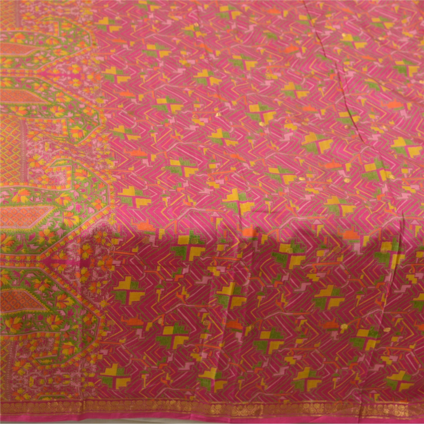 Sanskriti Vintage Sarees Pink Zari Border Printed Pure Silk Sari Craft Sustainable Fabric