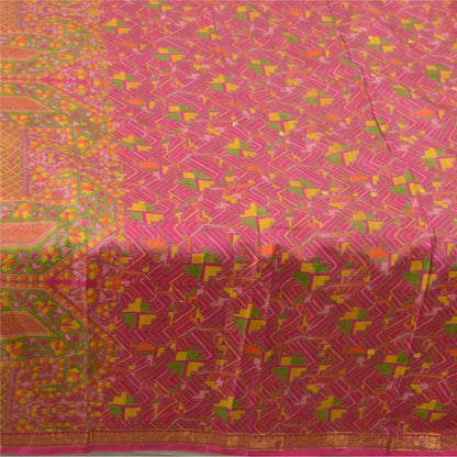 Sanskriti Vintage Sarees Pink Zari Border Printed Pure Silk Sari Craft Sustainable Fabric