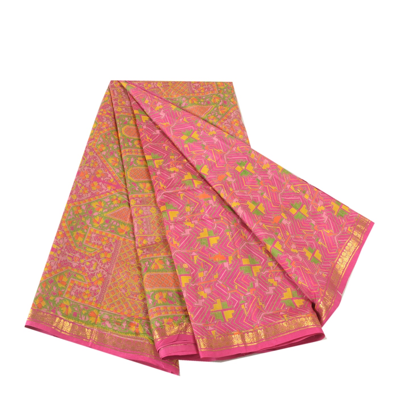 Sanskriti Vintage Sarees Pink Zari Border Printed Pure Silk Sari Craft Sustainable Fabric