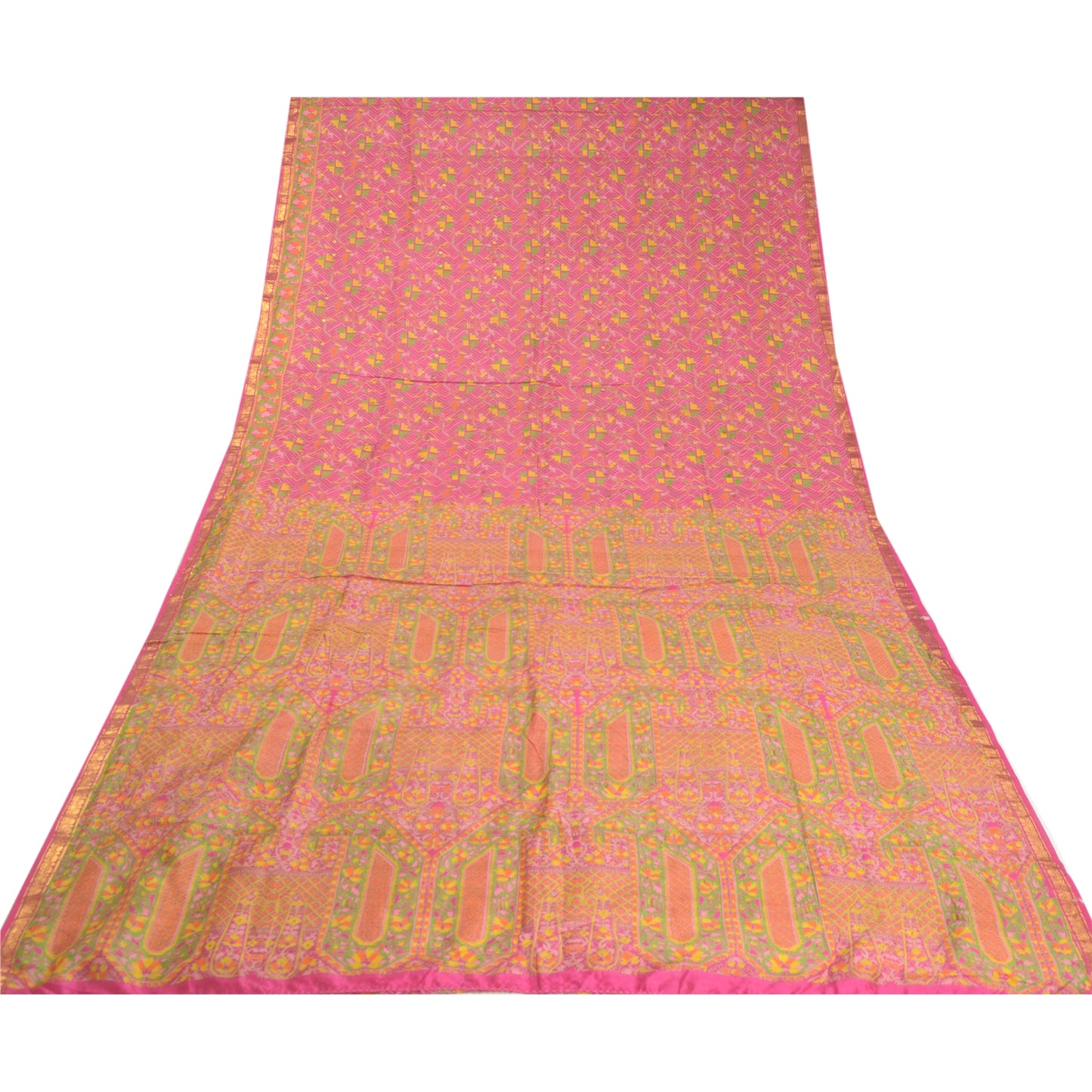Sanskriti Vintage Sarees Pink Zari Border Printed Pure Silk Sari Craft Sustainable Fabric
