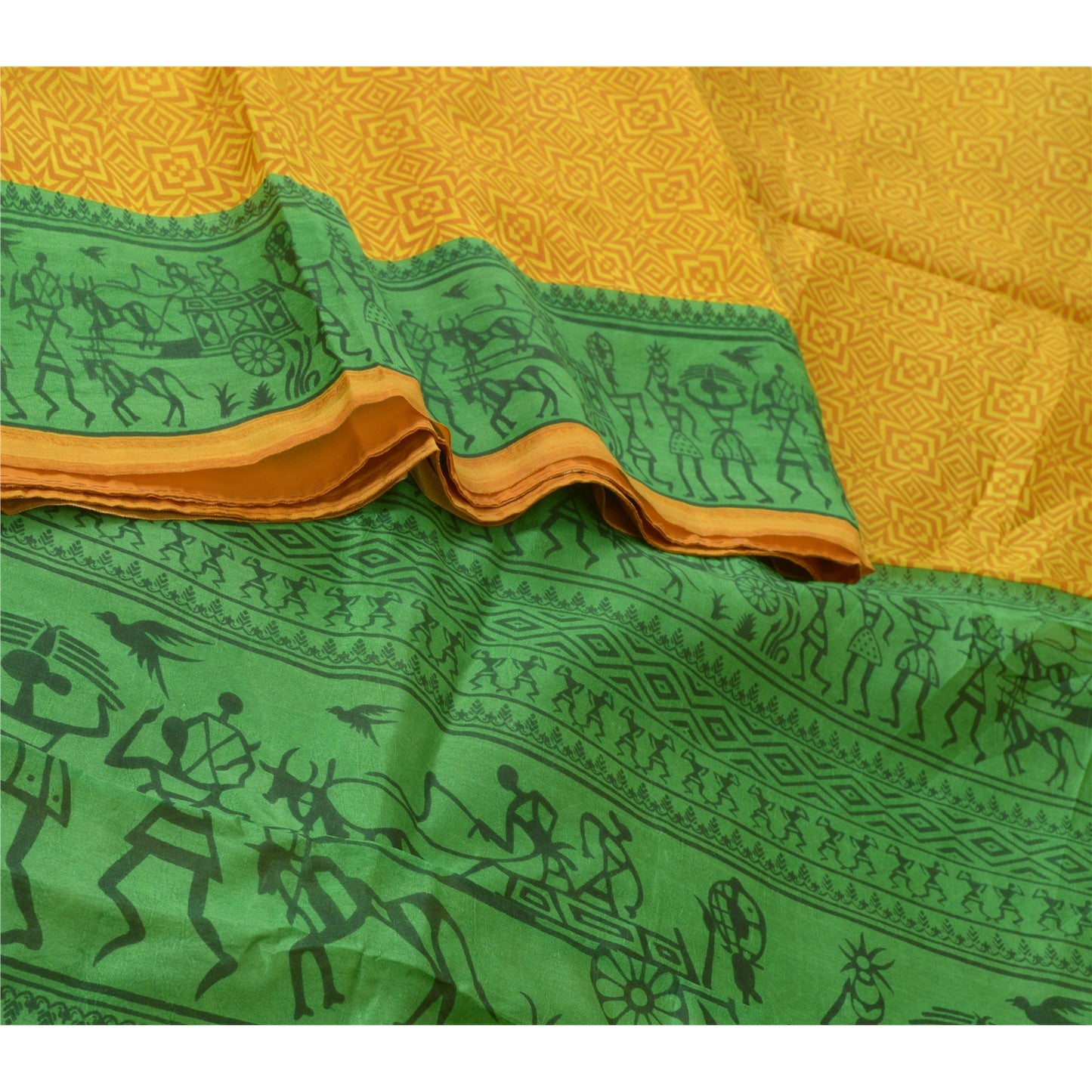 Sanskriti Vintage Sarees Yellow/Green Warli Art Printed Pure Silk Sari Sustainable Fabric