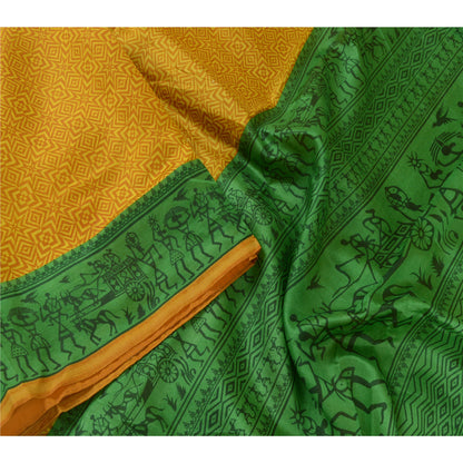 Sanskriti Vintage Sarees Yellow/Green Warli Art Printed Pure Silk Sari Sustainable Fabric