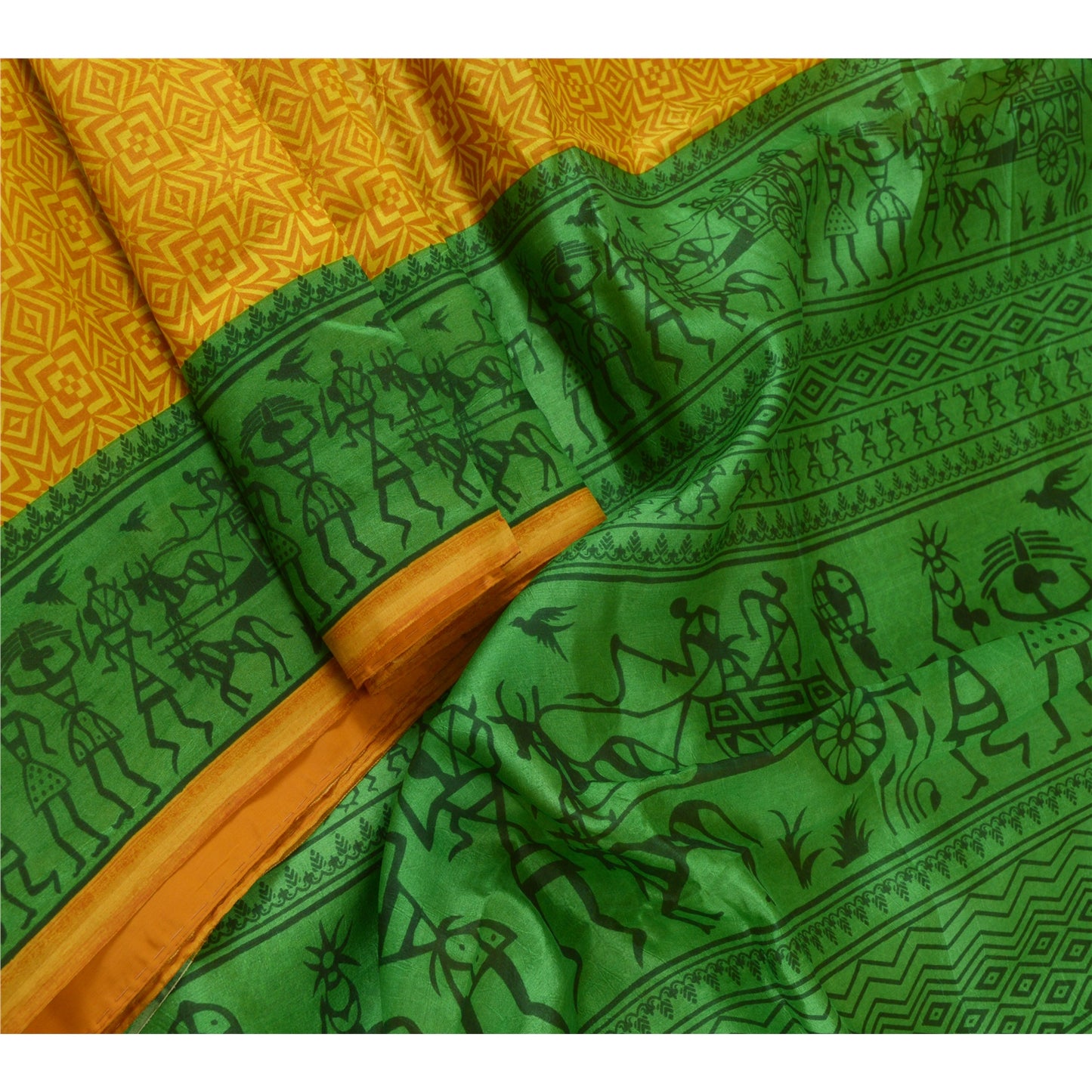 Sanskriti Vintage Sarees Yellow/Green Warli Art Printed Pure Silk Sari Sustainable Fabric