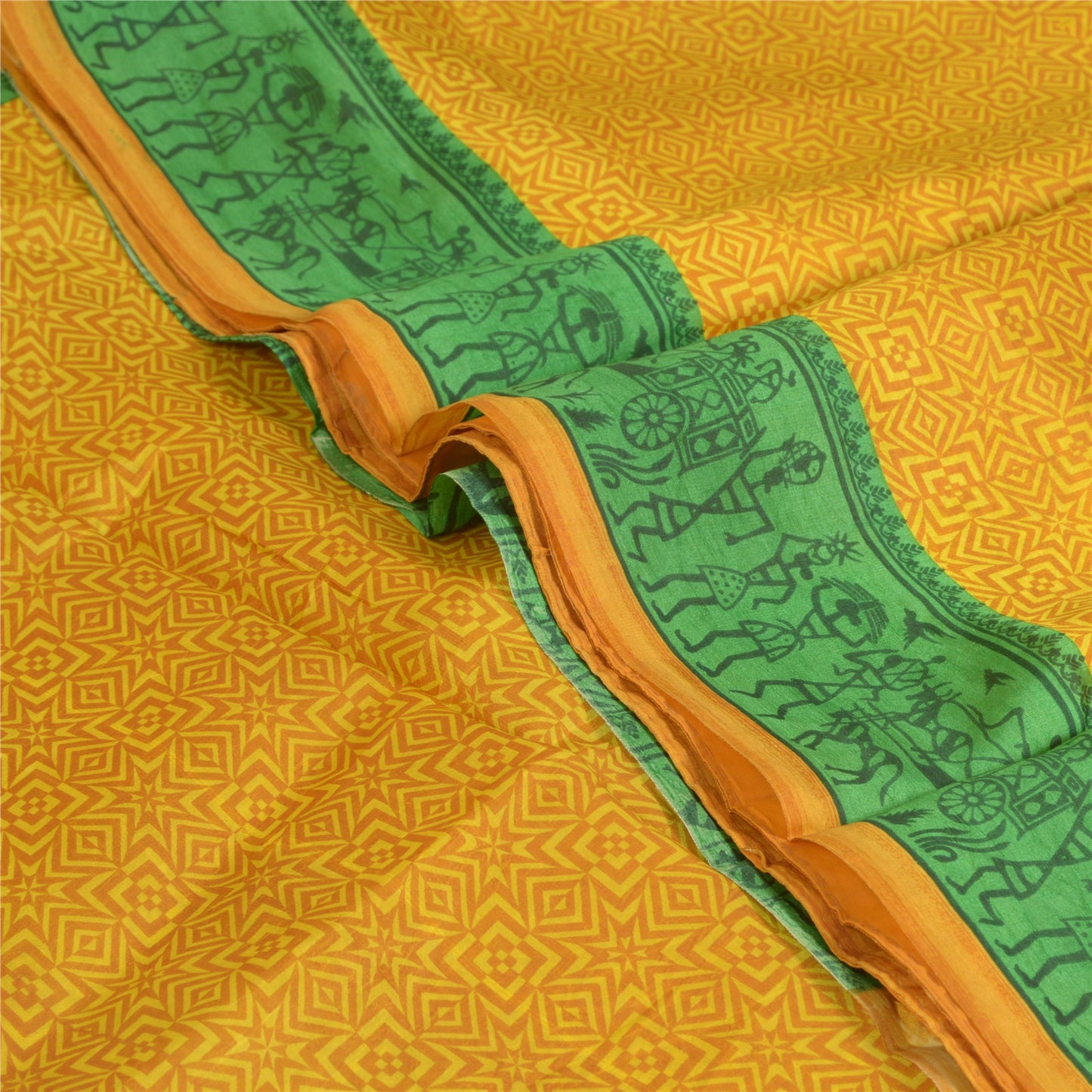 Sanskriti Vintage Sarees Yellow/Green Warli Art Printed Pure Silk Sari Sustainable Fabric