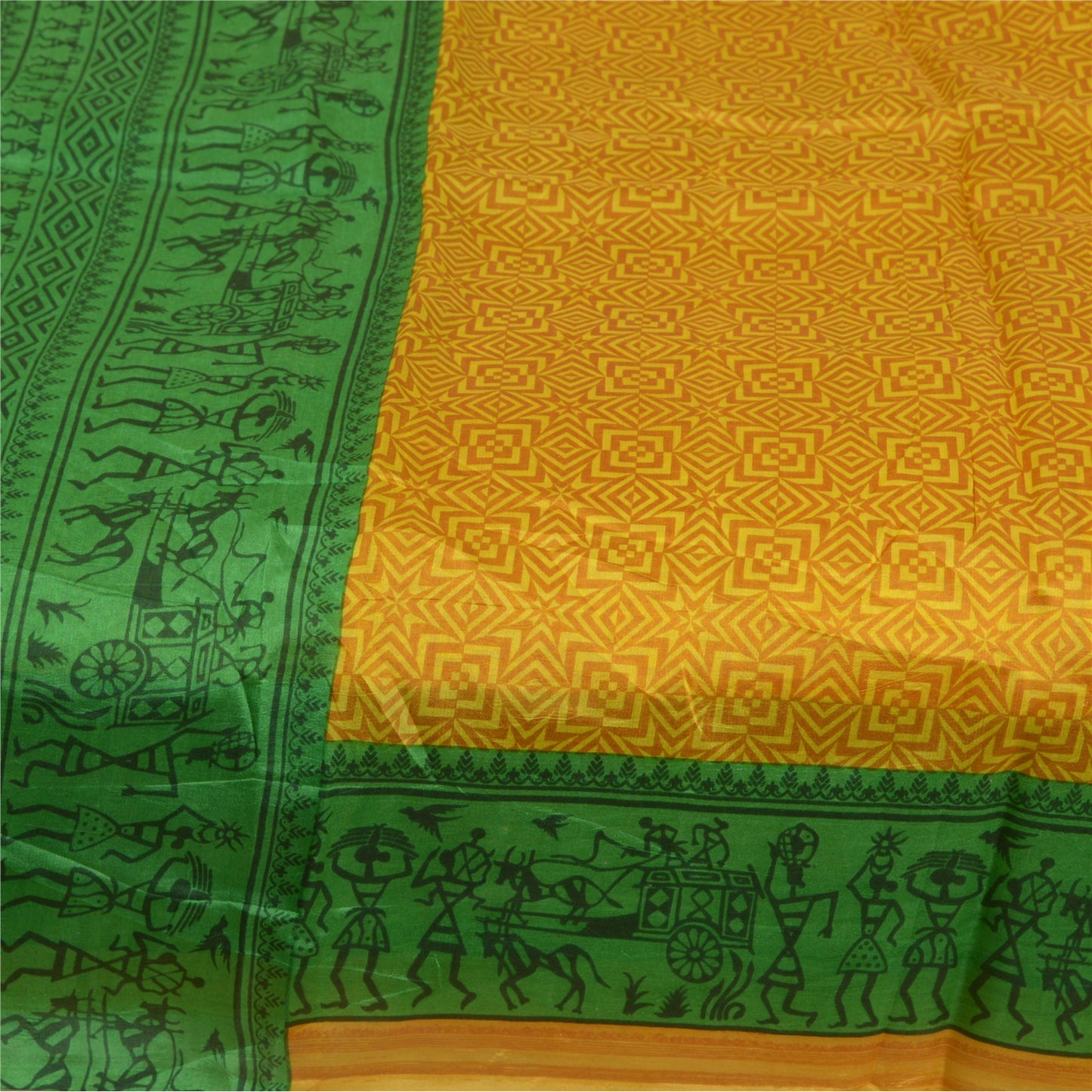 Sanskriti Vintage Sarees Yellow/Green Warli Art Printed Pure Silk Sari Sustainable Fabric