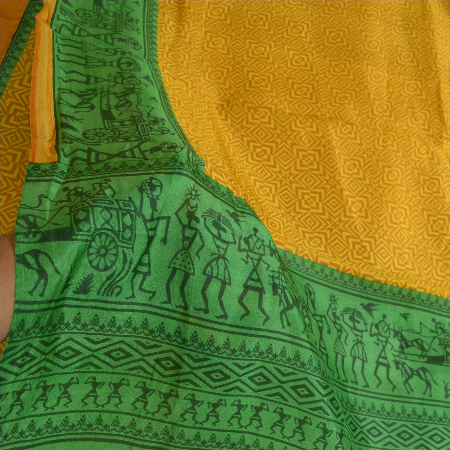 Sanskriti Vintage Sarees Yellow/Green Warli Art Printed Pure Silk Sari Sustainable Fabric