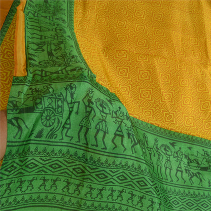 Sanskriti Vintage Sarees Yellow/Green Warli Art Printed Pure Silk Sari Sustainable Fabric
