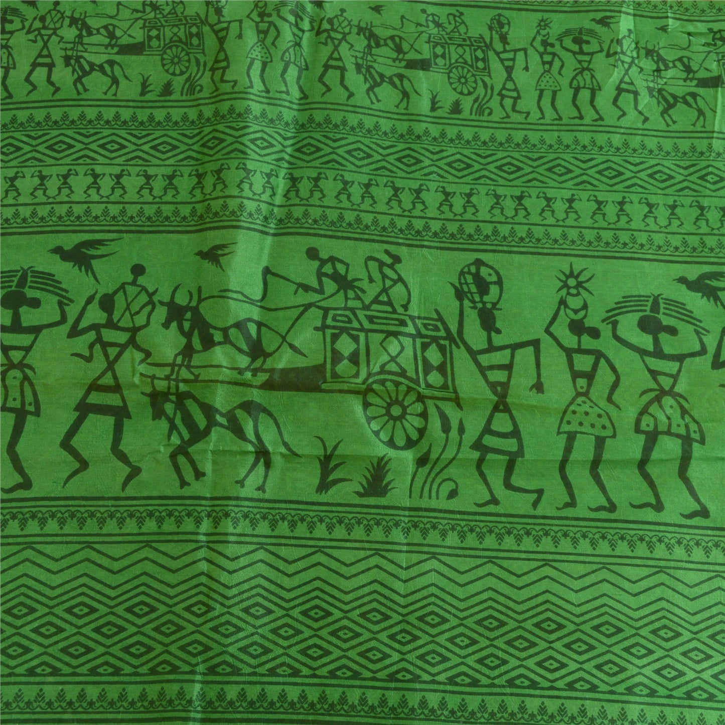 Sanskriti Vintage Sarees Yellow/Green Warli Art Printed Pure Silk Sari Sustainable Fabric