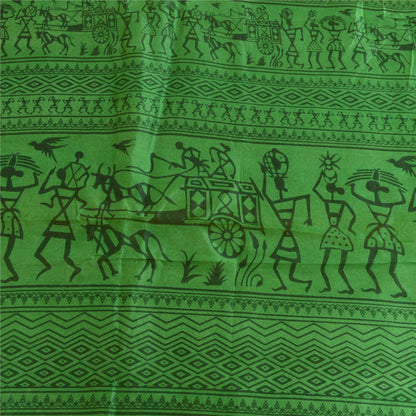 Sanskriti Vintage Sarees Yellow/Green Warli Art Printed Pure Silk Sari Sustainable Fabric