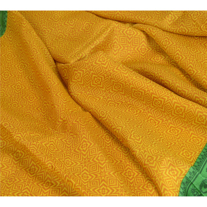 Sanskriti Vintage Sarees Yellow/Green Warli Art Printed Pure Silk Sari Sustainable Fabric