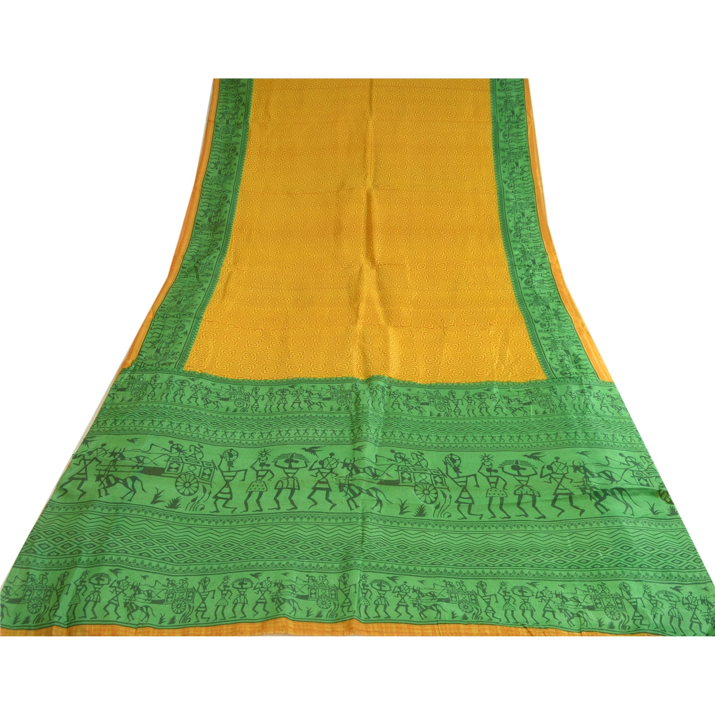 Sanskriti Vintage Sarees Yellow/Green Warli Art Printed Pure Silk Sari Sustainable Fabric