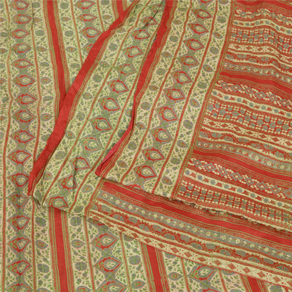 Sanskriti Vintage Sarees Indian Green/Red Pure Silk Printed Sari Craft Sustainable Fabric