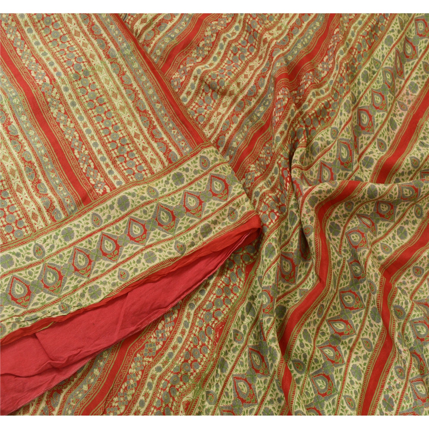 Sanskriti Vintage Sarees Indian Green/Red Pure Silk Printed Sari Craft Sustainable Fabric