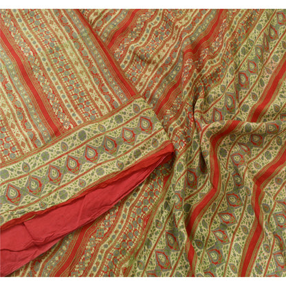 Sanskriti Vintage Sarees Indian Green/Red Pure Silk Printed Sari Craft Sustainable Fabric