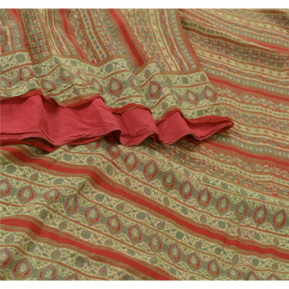 Sanskriti Vintage Sarees Indian Green/Red Pure Silk Printed Sari Craft Sustainable Fabric