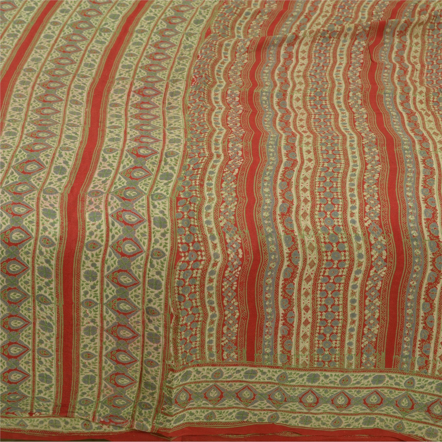 Sanskriti Vintage Sarees Indian Green/Red Pure Silk Printed Sari Craft Sustainable Fabric