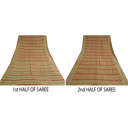 Sanskriti Vintage Sarees Indian Green/Red Pure Silk Printed Sari Craft Sustainable Fabric