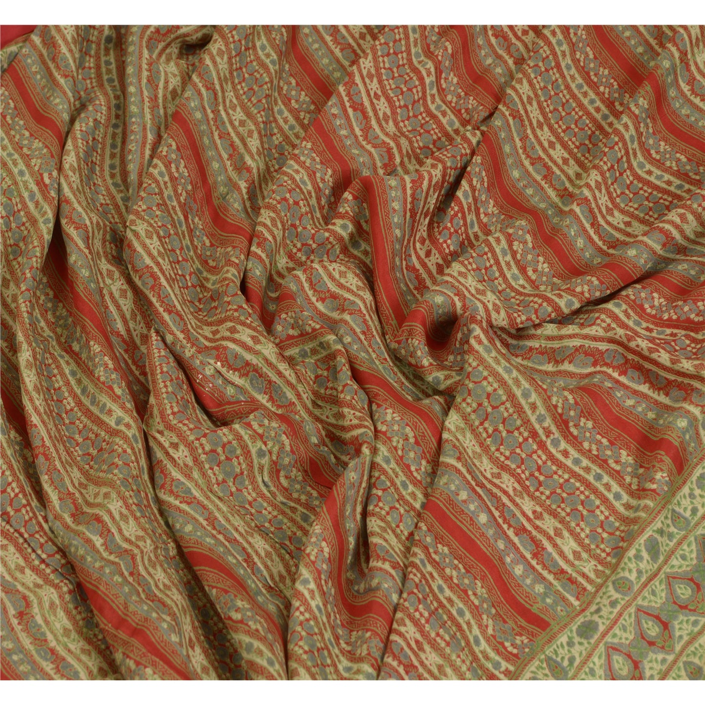 Sanskriti Vintage Sarees Indian Green/Red Pure Silk Printed Sari Craft Sustainable Fabric